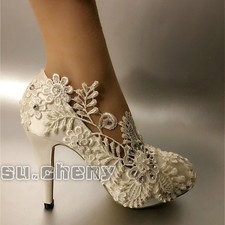 su.cheny 3" 4" heels White light ivory leaf lace satin pump Wedding Bridal shoes