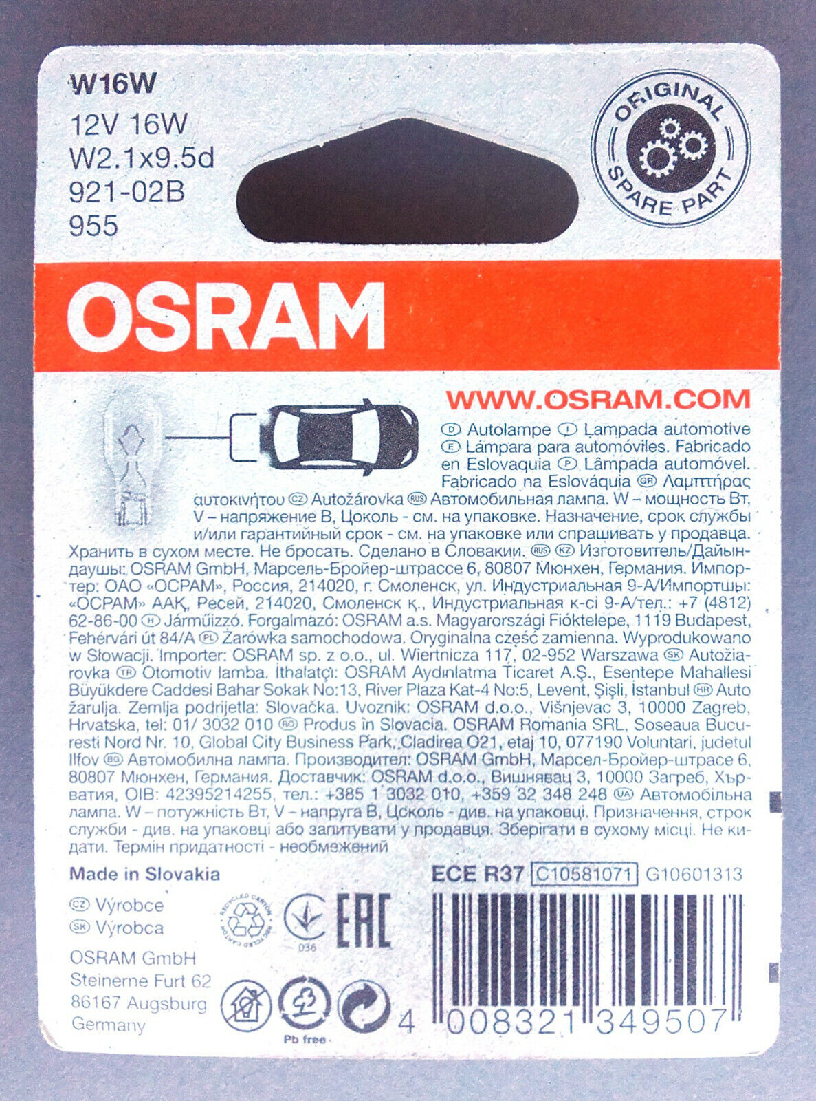 BULB OSRAM LED W16W LEDriving® SL 12V 2,1W 921DWP-02B W2.1x9.5d BLI2