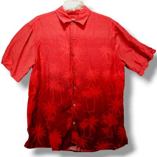 Batik Bay Hawaiian Button Up Shirt Mens M/L Red Palm Inlay Short Sleeve Camp