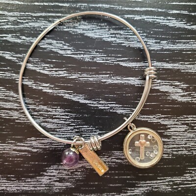 LACN Charm Bangle Bracelet Silvertone Floating Cross Heart Faith Amethyst