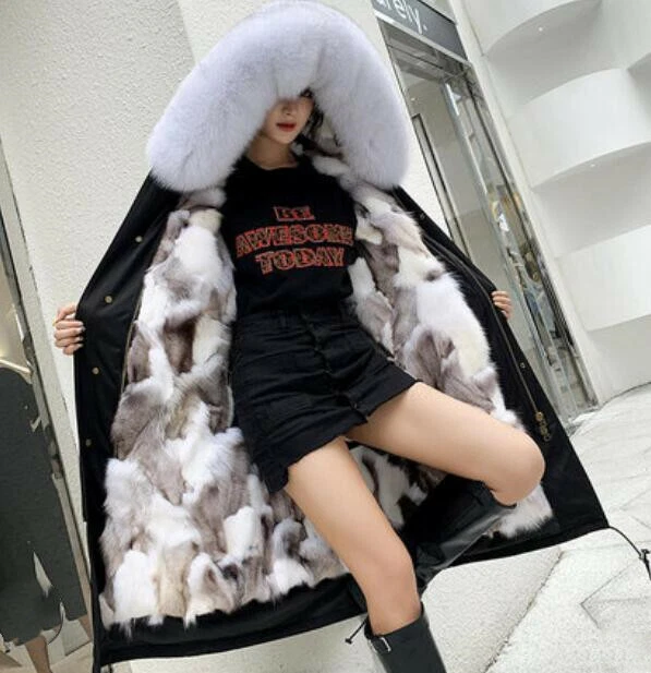 Winter Womens Long Real Fox Fur Collar Hooded Parka Jacket Fox Fur Lined Furry  - image 2 of 4