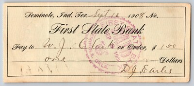 Seminole, Oklahoma 1908 Bank Check 