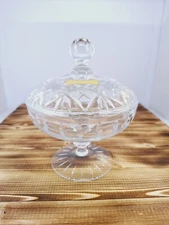 Vintage West German 24% lead Crystal Hand Cut Pedestal Sticker Candy Dish W/ Lid