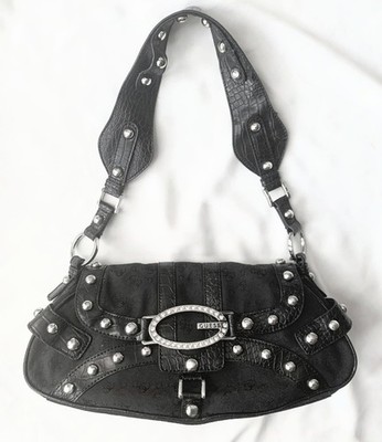 Guess Vintage Y2K Umhängetasche Schwarz Monogramm Leder 2000 Kroko Grunge RAR 90er