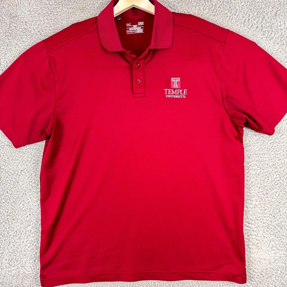 Temple University Polo Shirt Mens Large Red Under Armour HeatGear NCAA Wicking - Image 2 of 4