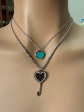 Collana Doppia con Ciondoli Cuore e Chiave in Argento e Turchese