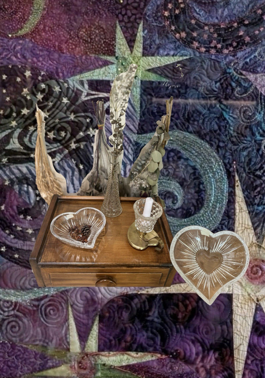 Vintage Crystal Celestial Heart Dish Antique Decor