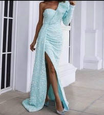 Women’s Light Blue One-Shoulder Sequin Long Sleeve Maxi Dress Slit Size S