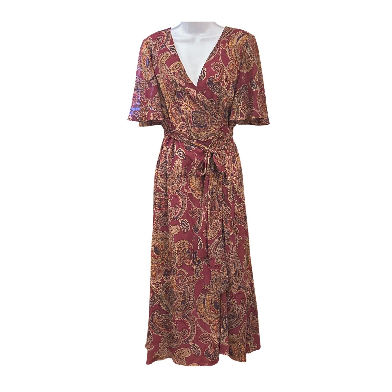 Lauren Ralph Lauren Paisley Maxi Dress Boho Romantic Burgundy Size 14