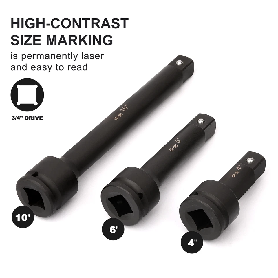3/4” Drive Impact Extension Bar, Cr-Mo Steel,3-Piece Set 4”, 6”,10” ext. bar - image 4 of 4