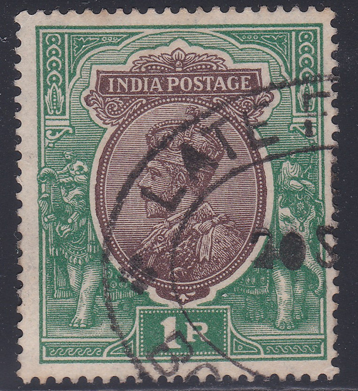 BRITISH INDIA KGV 1r - "LATE FEE" CANCEL. INTERESTING?