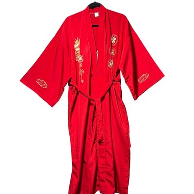 Red 100% Silk Embroidered Dragon Kimono Robe Gold Detail Full Length Vietnam