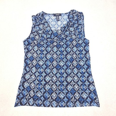 Chaps Top Womens Medium Blue Geometric Cowl Neck Sleeveless Blouse Stretch