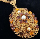 Vintage W. Germany Ornate Filigree Faux Pearl AmberRhinestone Statement Necklace — photo 1