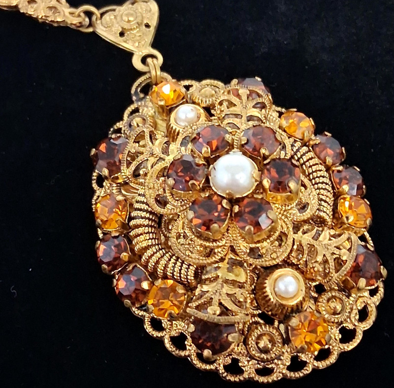 Vintage W. Germany Ornate Filigree Faux Pearl AmberRhinestone Statement Necklace