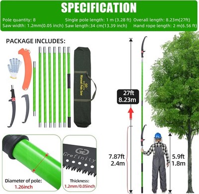 27FT Manual Pole Saw, 8-Section Fiberglass Handle Tree Pruner, Steel Blade