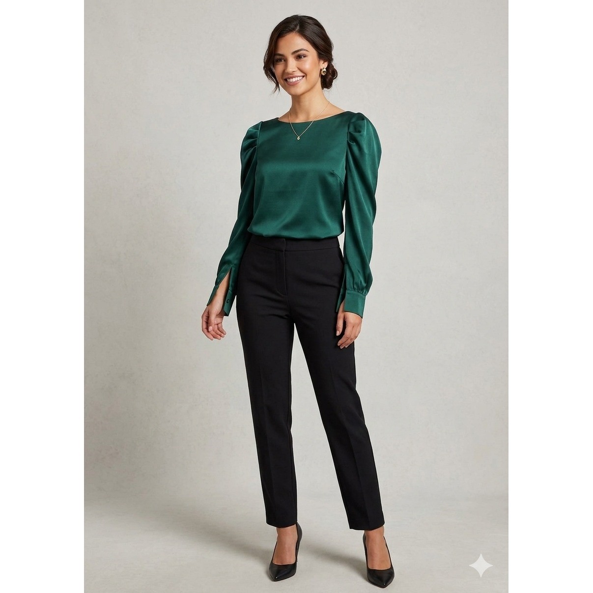 Lulus Satin Blouse Women Size S Emerald Green Excellent Puff Sleeve Boat Neck