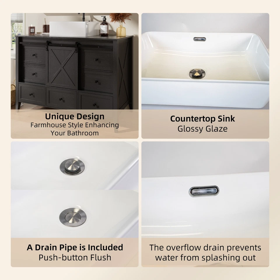 "Tocador de baño de 48"" con lavabo individual gabinete independiente de cerámica 7 cajones y puerta" Foto 3 de 4