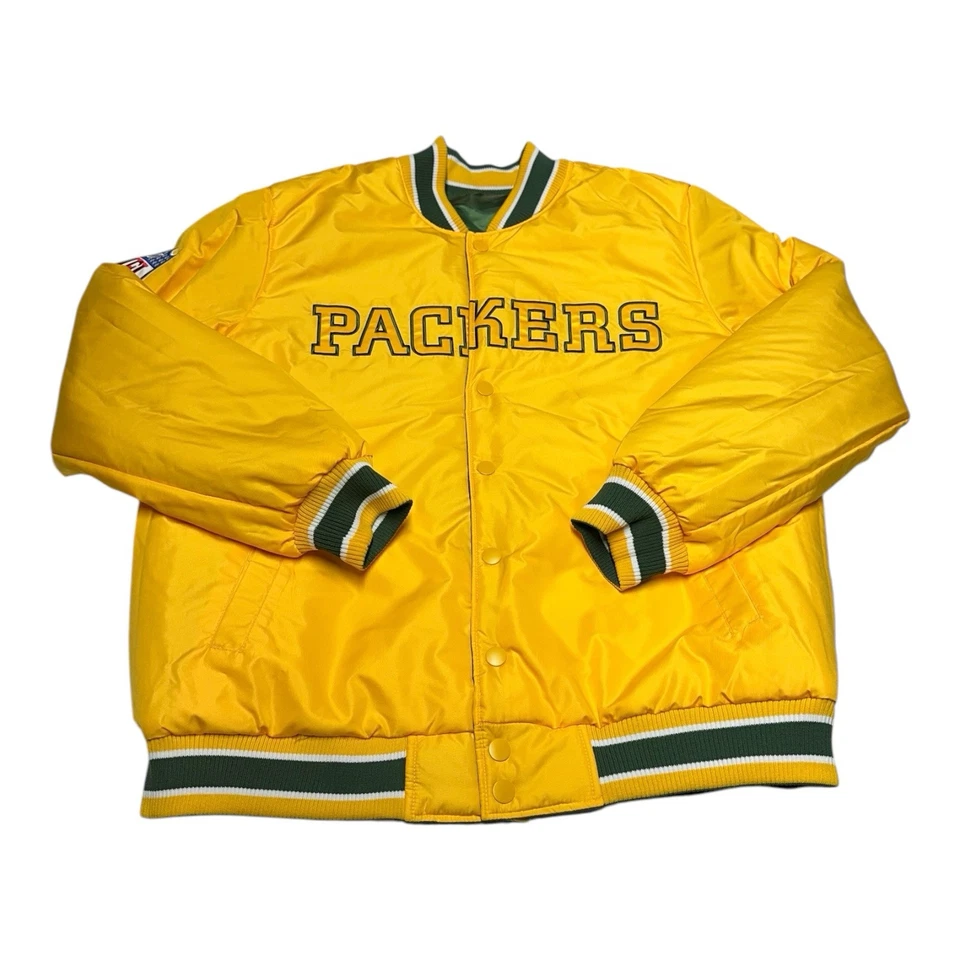Starter Green Bay Packers Reversible Jacket Mens M NFL Faux Satin Bomber Retro - Image 4 of 4