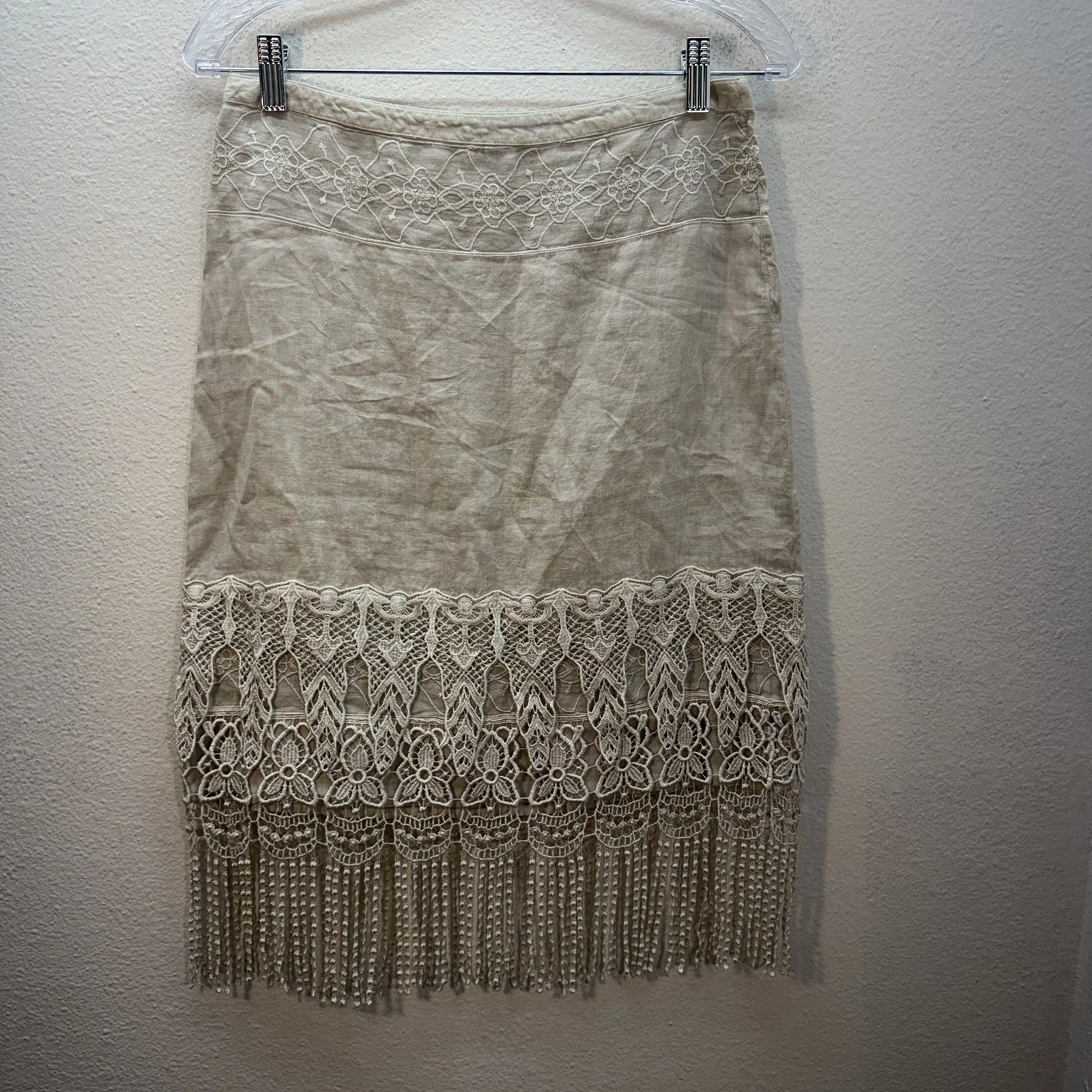 Italy 100% Linen Skirt Beige Midi Fringe Boho Western Lace Euro Summer Sz 40 / 6