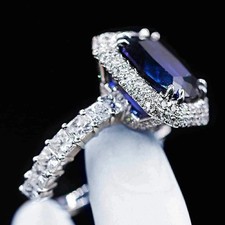 3.85 Ct Cushion Cut Blue Sapphire Diamond Engagement Ring 14K Solid White Gold