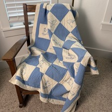 Old Vintage Hand Stitched Baby Quilt Animals Rabbits, Ducks, Dogs, Cats 54x42