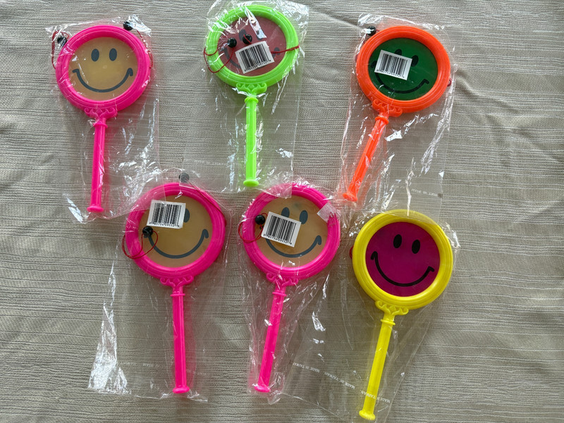 Six "HAPPY FACE" Hand Drum Noise Makers Plastic Children's Party Favors