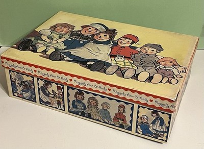 1998 Raggedy Ann Andy Babette Large Rectangular Storage Box & Lid 17 x 11.5''