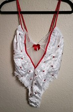 Vintage Secret Treasures White Satin Bodysuit With Red Hearts Lace Detail Size S