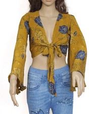 Sushila Vintage Bohemian Bell Sleeve Recycled Silk Saree Top 70,s Retro Green