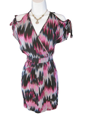 Akiko Womens Silk Dress Size XS Faux Wrap Purple Black Cold Shoulder Ties Pocket