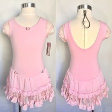 Basic Moves Girls Short Sl Ruffle/Lace Skirted Leotard Dress, Pink or Black, NWD