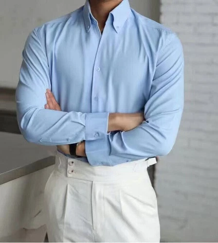 Französisches Hemd Herren Langarm Freizeit Slim Business Kleid Stehkragen Bluse - Bild 9 von 22
