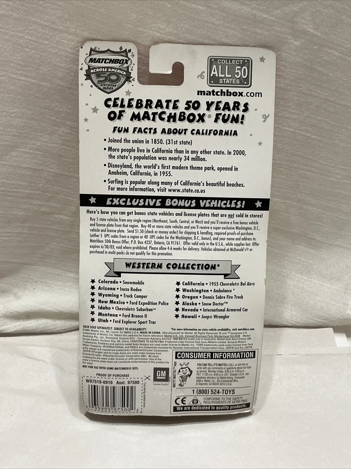 Matchbox #31 California 2001 Across America serie 50 cumpleaños ruedas Mattel Foto 2 de 2