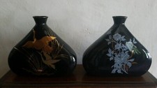 ART POTTERY JAPANESE STYLE  BLACK GLAZE CERAMIC PAIR BUD VASES SIGNED