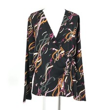 Nine West Womens Shirt Large Black Wrap Lightweight Blouse Top Geometric Belts