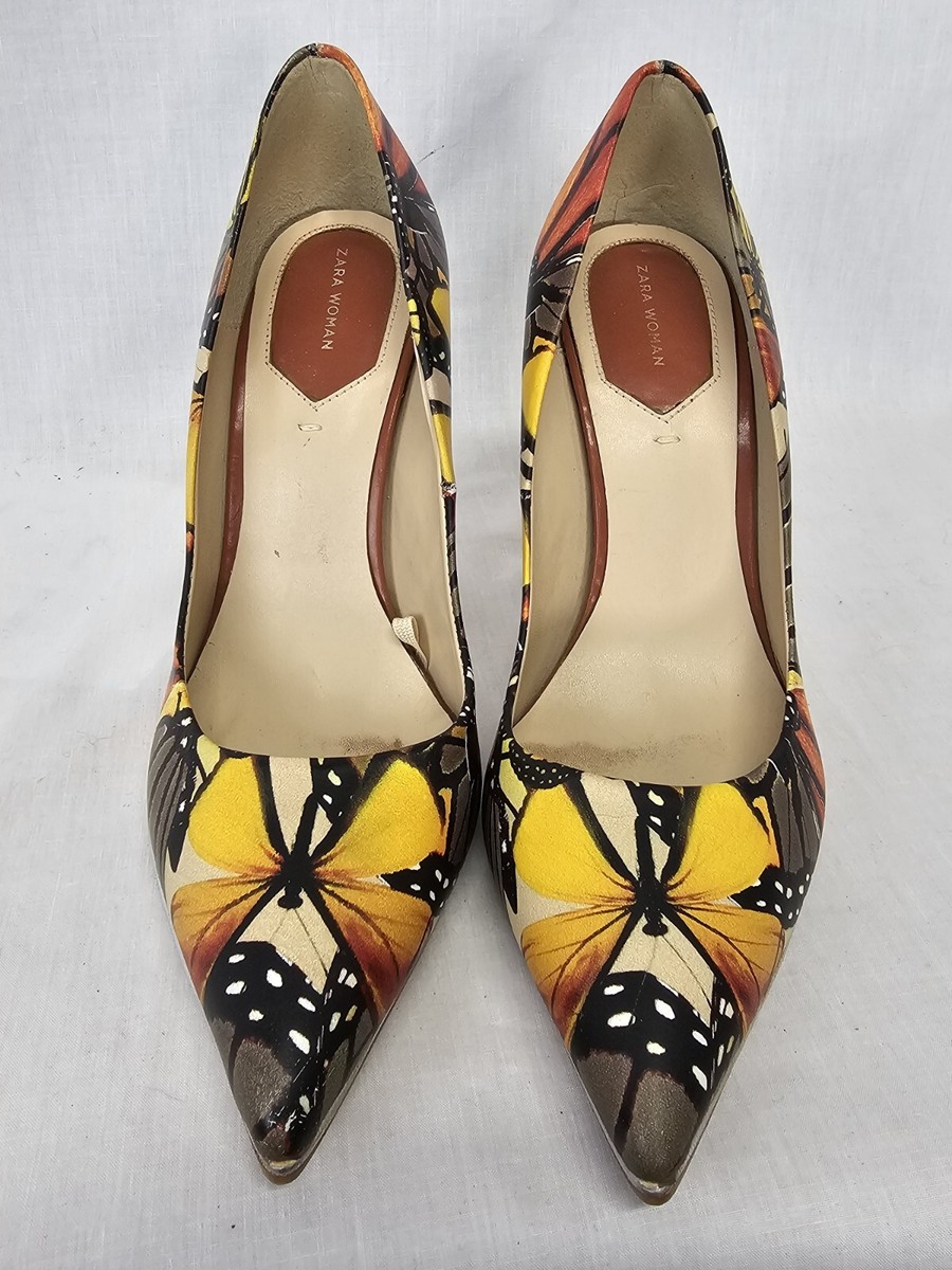 Zara Heels Size 36 Butterfly Print Pointy Toes Yellow Orange