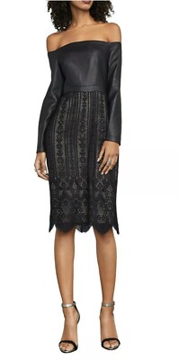 knee length dresses for ladies BCBGMAXAZRIA Embroidered Cutout Faux Leather Dress – Runway Catalog