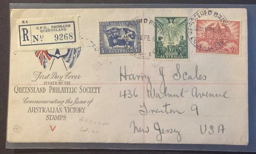 Australia #200-202 FDC with registered stamp open at left, Queensland Phil. Soc.