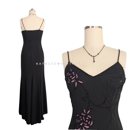 Vintage Betsy Adam Prom Dress Maxi Gown 10 Black Pink Floral Fairy Goth Glam - Picture 2 of 9