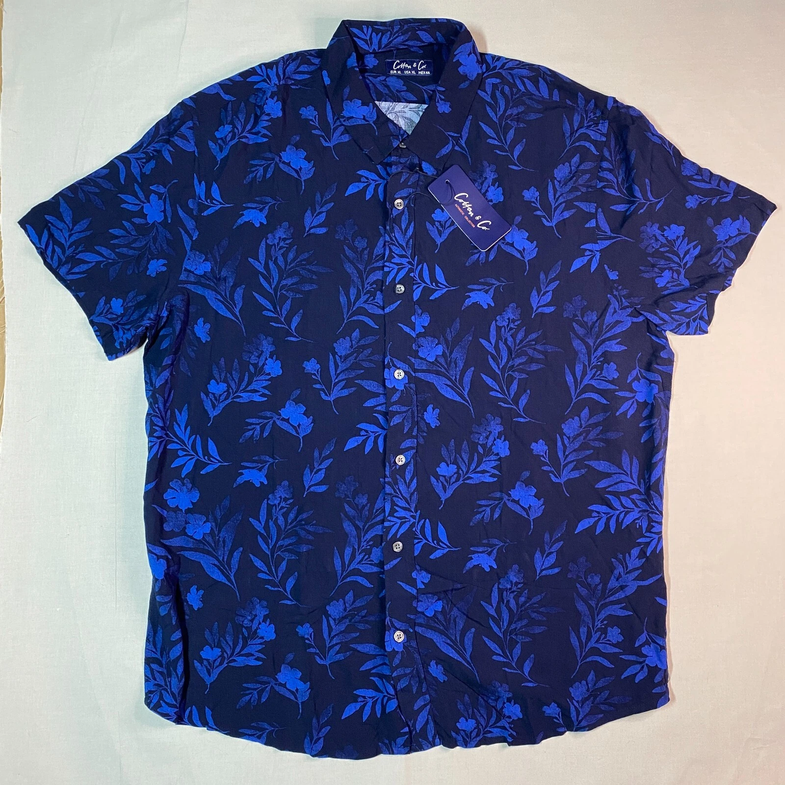 Cotton & Co Blue Vines Shirt Mens Extra Large Black Button Up Short Sleeve Soft