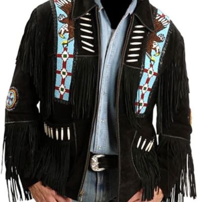 Herren 80er Jahre Stil Wildleder Lederjacke Westernkleidung Cowboy Mantel Fransen Perlen Jacke