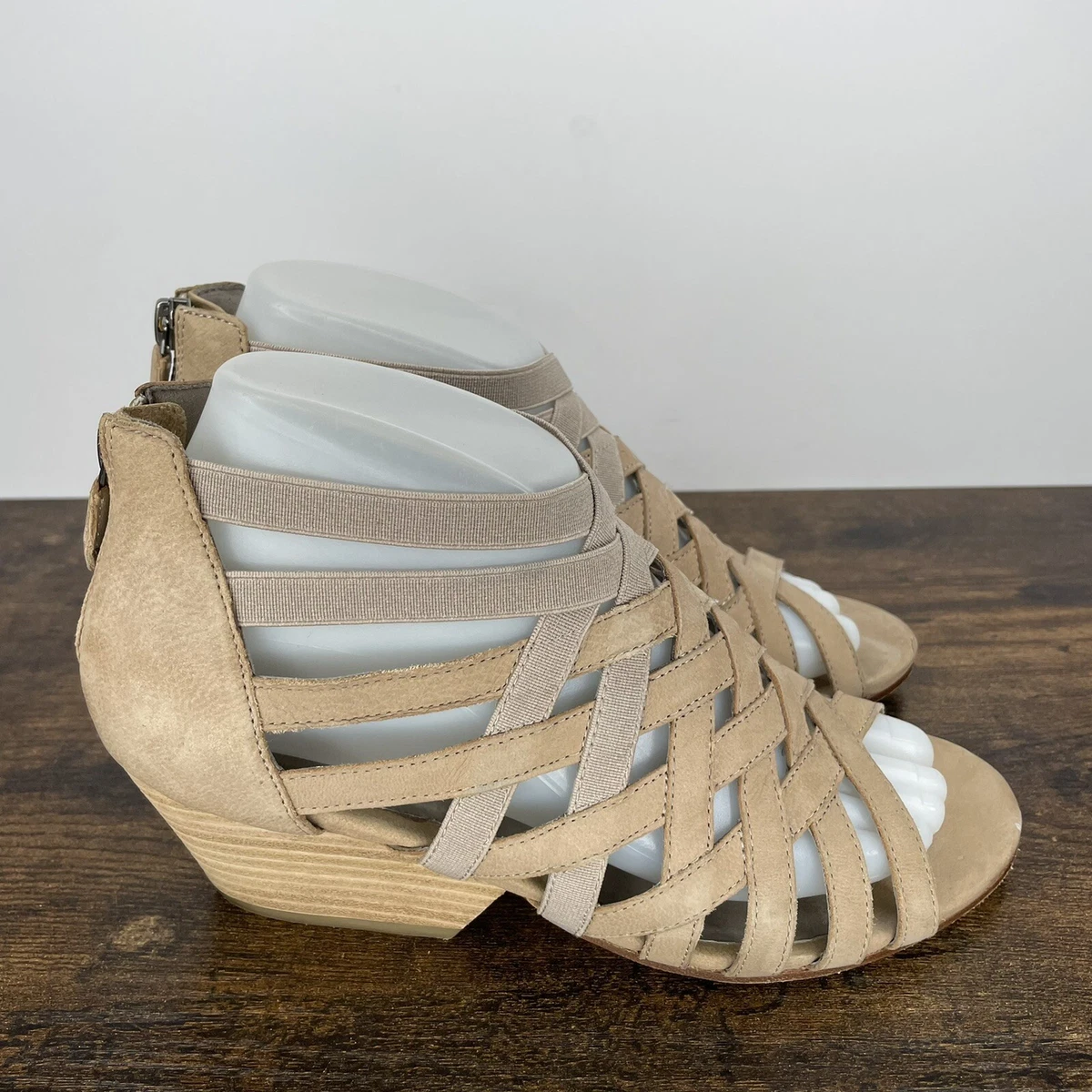 Eileen Fisher Sandals Size 7 Tan Block Heels Weave Oodle Caged Lattice Stacked