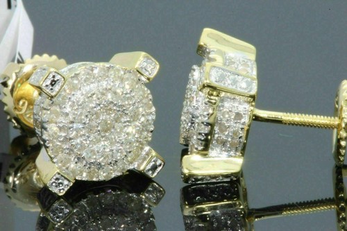 14k Yellow Gold Plated 2Ct Round Lab Created Diamond Cluster Stud Men's Earring - Picture 3 of 4