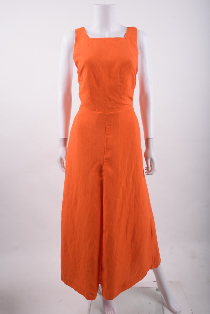 Massimo Dutti Womens Midi Dress US L Large Orange Linen
