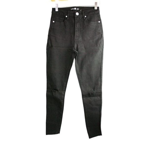 Boohoo Basics High Waist Distressed Frayed Hem Skinny Jeans Black Women's Size 2 - Picture 7 of 10