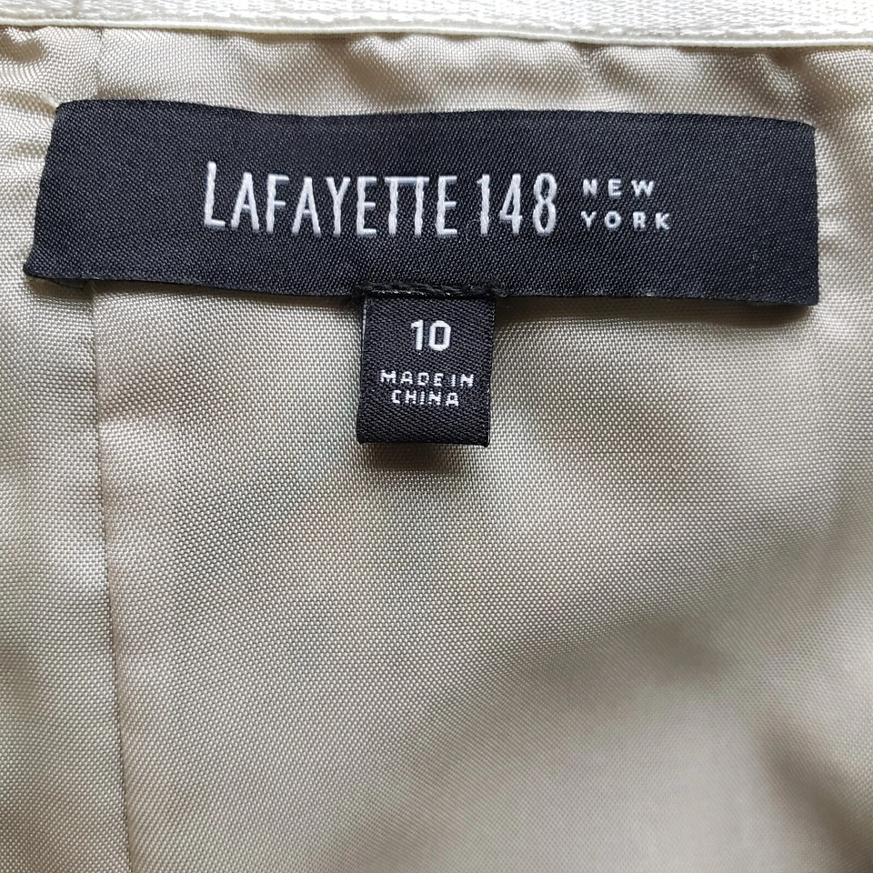 Lafayette 148 Straight Skirt Size 10 Beige Linen Blue Yellow Silk Leaves Beaded - Image 2 of 4