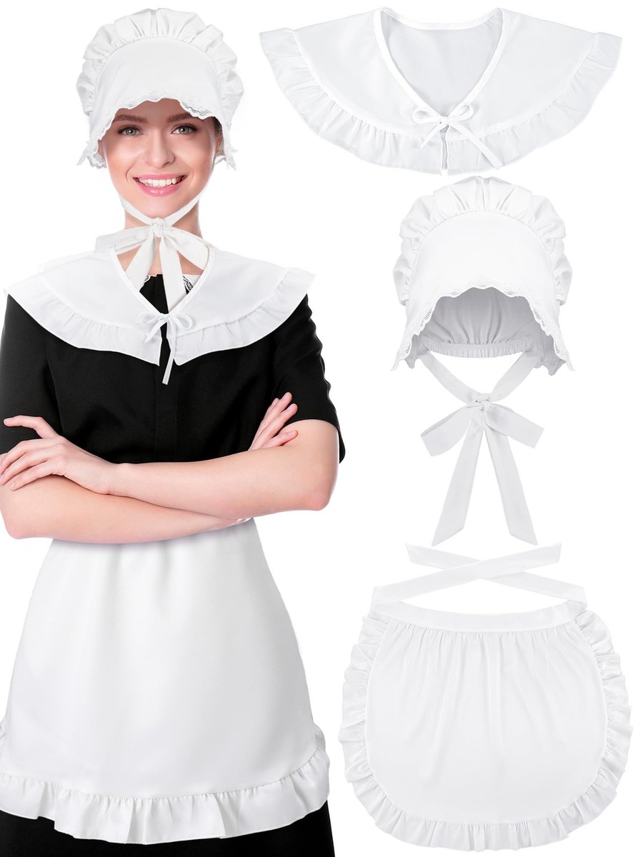 3-PCS Women's White Colonial Pilgrim Costume Bonnet Shawl Apron