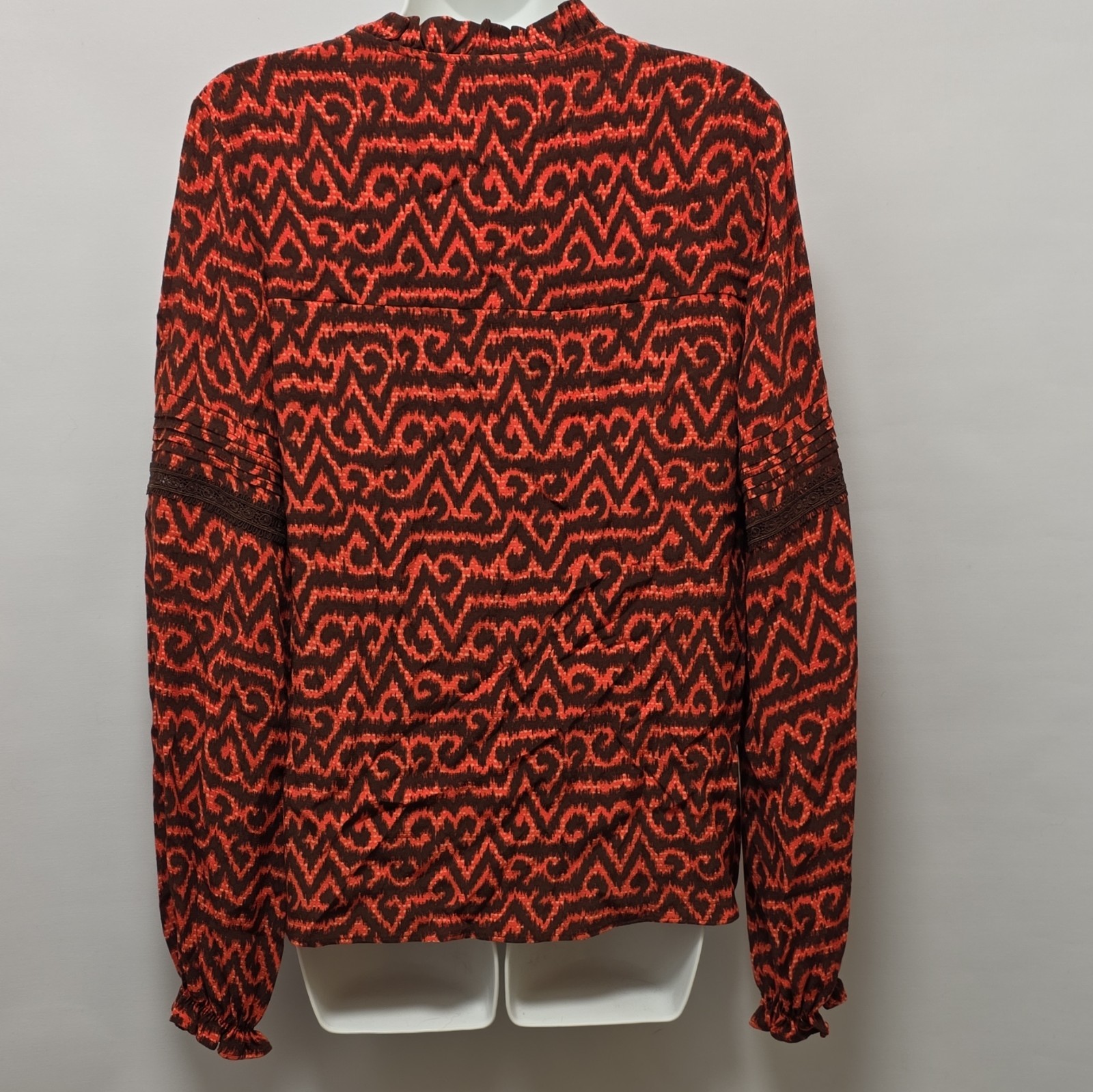 Per Una Orange Brown Abstract Chiffon V-Neck Button Long Sleeve Blouse UK 8 image 9