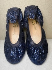 Yosi Samra Blue Glitter Ballet Flats Kids Size 5 Slip On Sparkle Foldable Shoe